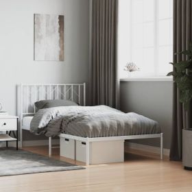 Metal Bed Frame without Mattress with Headboard White 39.4"x78.7" (Color: White)