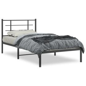 Metal Bed Frame without Mattress with Headboard Black 39.4"x78.7" (Color: Black)